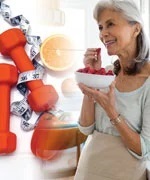 composite image of woman heating strawberries, with hand weights measuring tape and citris fruit
