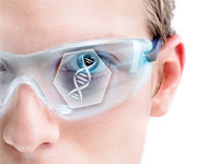 close up of scientist wearing safety glasses